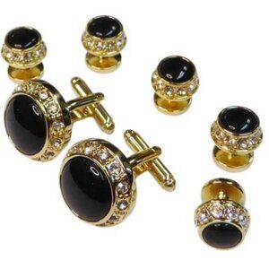 Jet Black Center/ Crystal Edge Cufflinks and Studs Gold Trim